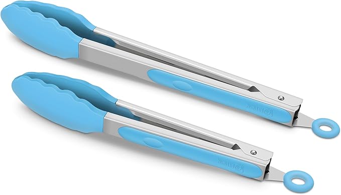 2 Pack Silicone Kitchen Tongs – 9" & 12" Set, Heat Resistant up to 500°F, Non‑Stick Cookware Safe, Wavy Silicone Tips, BPA Free, Locking Clip & Hanging Loop, Blue