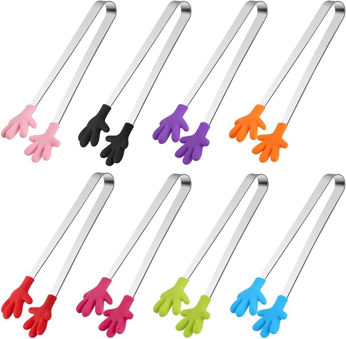 SHINDEL Mini Tongs, 8 PCS Silicone Hand Shape Food Tongs, 5 Inch | Colourful Small Tongs for Toolfor Candy, Snacks, Chips, Cookies, Appetizers, Fruit, Ice Cubes, Party, Buffet & Dessert Table