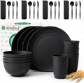 28 PCS Unbreakable Plates and Bowls Set Wheat Straw Dinnerware Sets Microwave & Dishwasher Safe Lightweight Camping Dishes Set for 4 - Dinner Plates, Plastic Bowls, Kitchen Cups (Black)