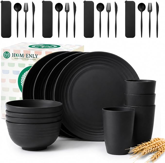 28 PCS Unbreakable Plates and Bowls Set Wheat Straw Dinnerware Sets Microwave & Dishwasher Safe Lightweight Camping Dishes Set for 4 - Dinner Plates, Plastic Bowls, Kitchen Cups (Black)