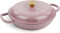 3 Quart Enameled Cast Iron Braiser, Non Stick Enameled Cast Iron Skillet with Lid, Dutch Oven Skillet with lid up to 500°F for Oven, Stove, Grill, Shallow Dutch Oven for Cook, Bake (Pink)