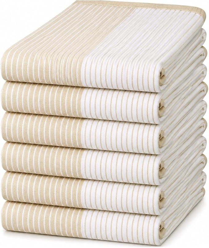 Premium Kitchen Towels 6 Pack 100% Cotton, 20"x28" - Tan | 238GSM Yarn Dyed Flat Woven Stripe Dish Towel for kitchen | Kitchen hand towels with Hanging Loop | Absorbent Linen set