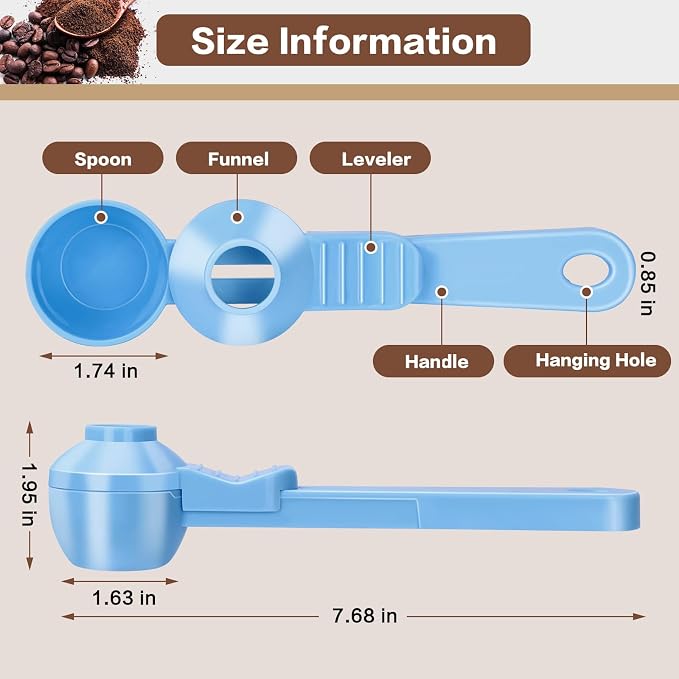 2-in-1 Coffee Scoop with Funnel, 2 Tbsp Measuring Spoon for Reusable K Cups, Ground Coffee, Protein Powder & Tea, Mess-Free Plastic Design（Light Biue-2pack）