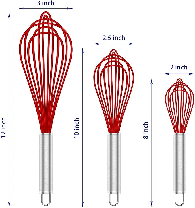 OYV Red Silicone Whisk Set of 3, 8/10/12 Inch, for Cooking Non-Scratch | BPA-Free Silicone, Heat Resistant Up to 480°F, Stainless Steel Core, Dishwasher Safe, Nonstick-Safe