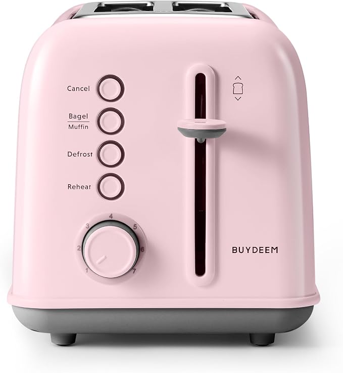 BUYDEEM DT620 2-Slice Toaster, 7 Shade Settings, Extra Wide 1.5'' Slots for Bagel & English Muffin, 6 Toasting Functions, Retro Stainless Steel Toaster with High Lift Lever, Pink