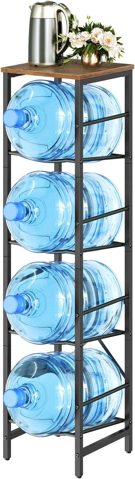HOOBRO Water Jug Rack, Water Bottle Holder, 5 Gallon Water Jug Rack, 4-Tier Water Cooler Storage Rack, Water Dispenser Stand, for Kitchen, Living Room, Office, Rustic Brown and Black BF02ST01
