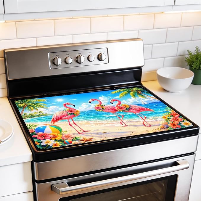 Tropical Flamingo Stove Top Cover for Electric Gas Glass Top Stove | Pink flamingo tropical beach kitchen decor; non-slip stovetop cover, glass cooktop counter mat, summer coastal decor