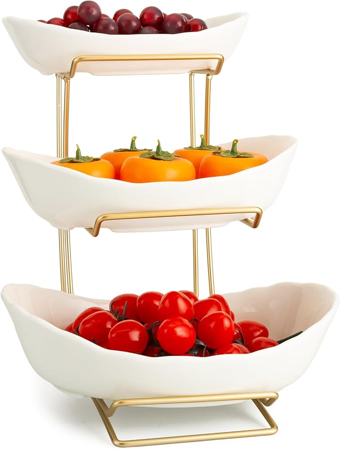 3 Tier White Gold Fruit Bowl and Tray with Metal Stand, Triple Layer Fruit Basket for Snacks, Nuts, Bread, Candy Storage