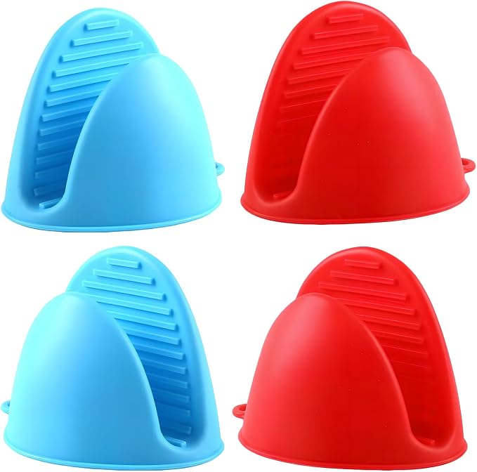 2 Pairs (Red & Blue),Mini Silicone Oven Gloves, Mini Finger Protector Pot Holder for Kitchen,Cooking,Baking,BBQHeat Resistant Gloves，can be Washed in the Dishwasher