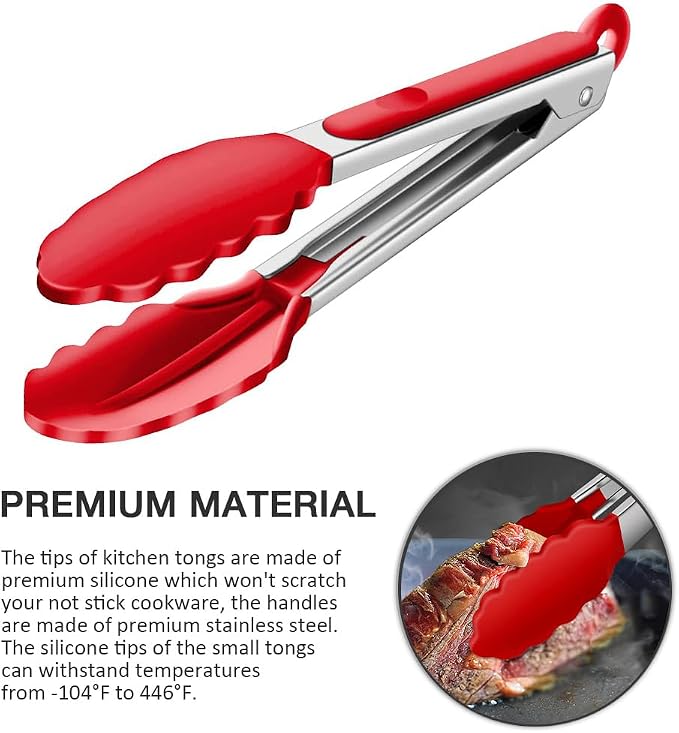7 inch Small Serving Tongs with Silicone Tips 3 Pack(Red) | Stainless Steel Handle, Non-Scratch, Heat Resistant