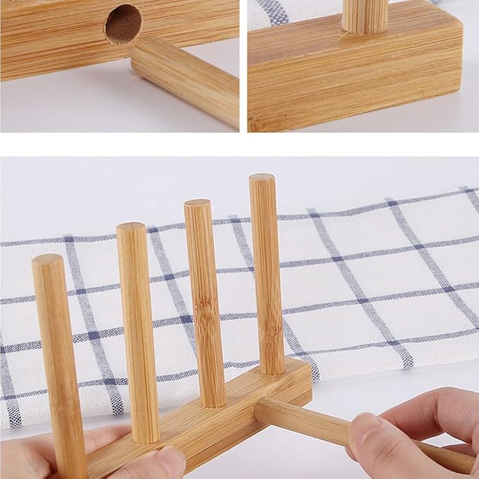 Bamboo Wooden Plate Racks Dish display Holder Kitchen Storage, Pack of 4 | Cabinet Organizer for Dish / Plate / Bowl / Cup / Pot Lid / Cutting Board/ Book (vertical)