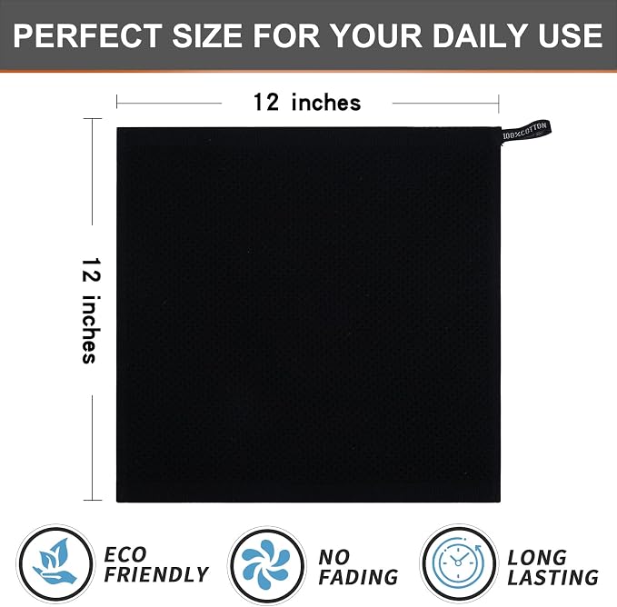 Kitinjoy 100% Cotton Waffle 6-Pack Kitchen Towels, 12" x 12", Black | Ultra Absorbent, Super Soft, lightweight, Quick Drying Dish Rags for Washing Dishes