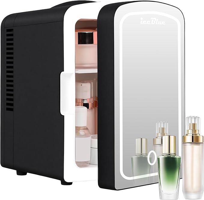 Mini Fridge, 4 Liter /6 Cans Makeup Fridge with Dimmable LED Mirror - Black | Compact Mini Skincare Fridge for Beauty & Beverages, Dual-use Portable Tiny Fridge for Bedroom, Desk, Office, Home, Car, Gift