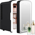 Mini Fridge, 4 Liter /6 Cans Makeup Fridge with Dimmable LED Mirror - Black | Compact Mini Skincare Fridge for Beauty & Beverages, Dual-use Portable Tiny Fridge for Bedroom, Desk, Office, Home, Car, Gift