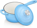 Enameled Cast Iron Sauce Pan with Lid, Leonyo 2 Quart Saucepan with Lid, Enamel Cast Iron Dutch Oven for All Cooktops Making Pasta Sauce, Milk, Oatmeal - Up to 500°F & 6.7Lbs, Lake Blue