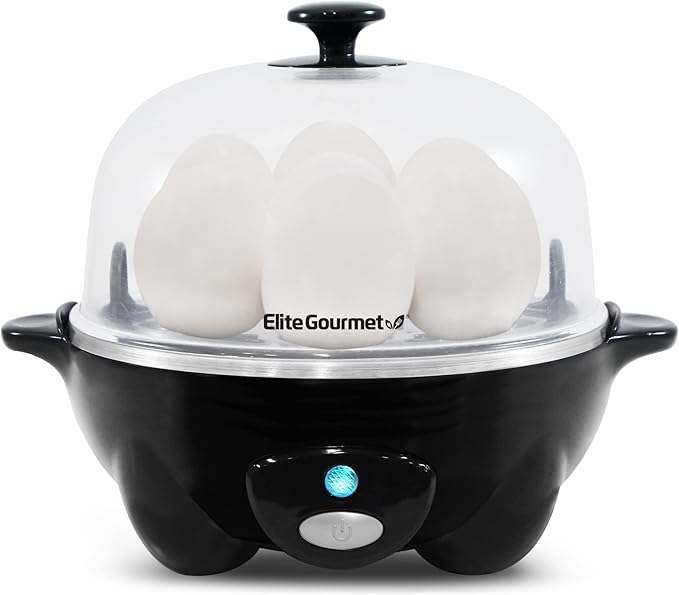 Elite Gourmet EGC-007B Rapid Egg Cooker, 7-Egg Poacher/Omelet Maker, Black | Easy-to-peel hard, medium, or soft-boiled eggs - auto shut-off, alarm, 16-recipe booklet included