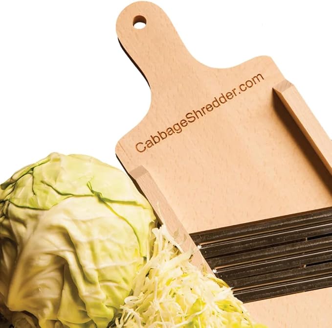 Wooden Cabbage Shredder, Vegetable Slicer | Three Blades, Pre-Oiled, Cut Resistant Glove Included, For Sauerkraut, Coleslaw, Salads