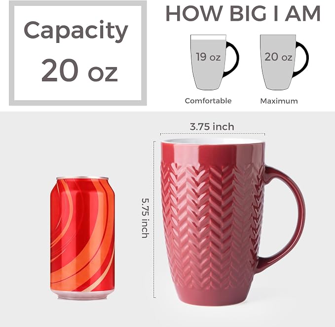 AmorArc 20 oz Large Coffee Mugs Set of 6, Red Ceramic Tall Coffee Cups | 3 Assorted Designs, Embossed Ceramic Coffee Mugs with Large Handle for Coffee/Tea/Cappuccino, Dishwasher&Microwave Safe