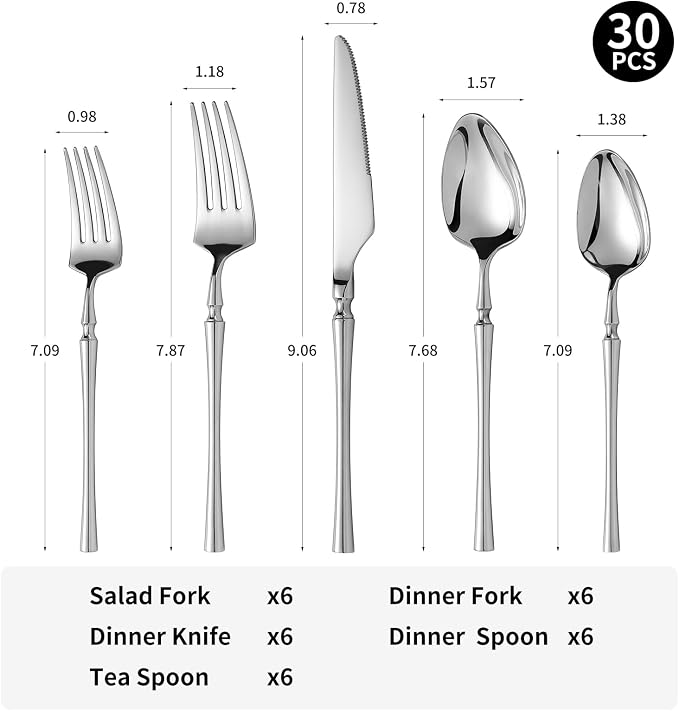 Lazycorner 30 Pcs Silverware Set Flatware Set 18/10 Stainless Steel Utensils Forks and Spoons Mirror Finish Cutlery Set for Restaurant Hotel Party Dishwasher Safe