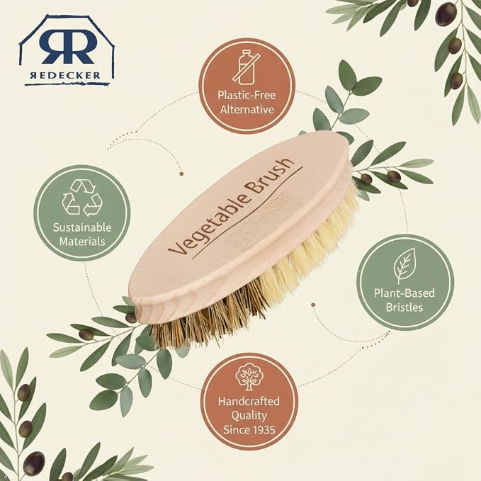 REDECKER Hard and Soft Side Vegetable Brush - Beechwood Handle - 2 Different Bristle Strengths for Cleaning Delicate or Tough-Skinned Vegetables, 5-1/4 inches - Vegetable Scrubber, Made in Germany