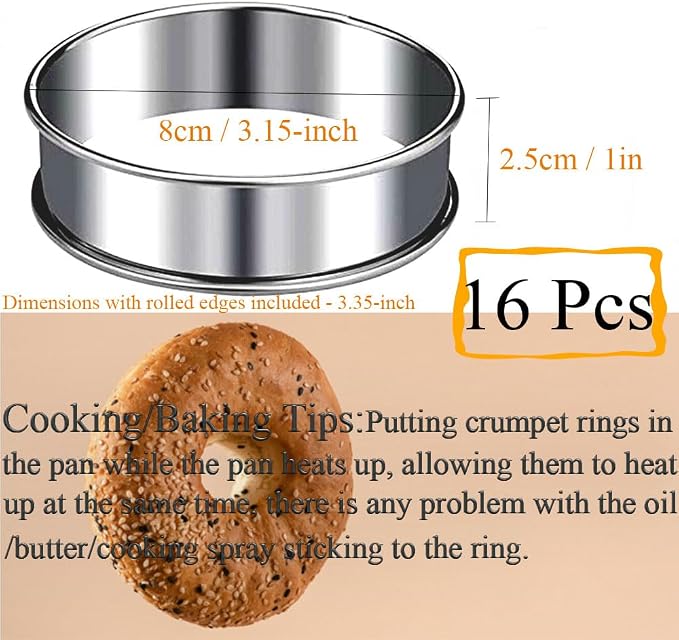 16packs Crumpet Rings 3.15 Inch English Muffin Ring Stainless Steel Double Rolled Nonstick Metal Round Tart Ring Molds for Cookies Pastry Desserts Baking