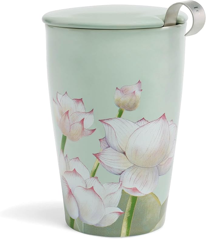 Tea Forte Double-Walled Ceramic Kati Cup, Lotus, 12 oz | Insulated Ceramic - Stainless Steel Loose Leaf Infuser - Keeps Tea Hot Longer - Lid Included - Microwave & Dishwasher Safe