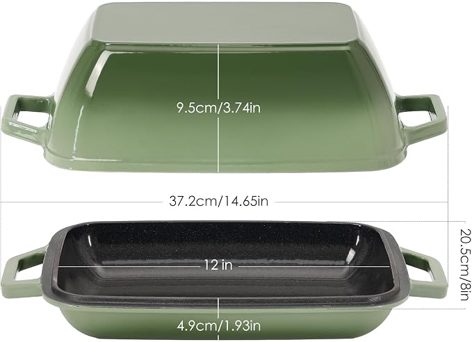 Flavehc Oval Cast Iron Dutch Oven for Bread Baking 12x8 Inch Enameled Bread Pan with Lid 6QT Cast Iron Bread Dutch Oven for Sourdough，Green
