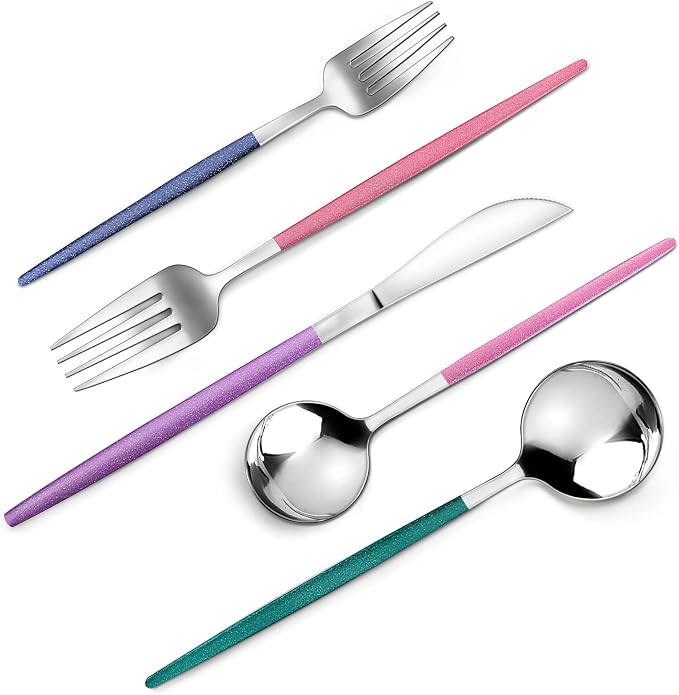 VANVRO Mirror Silver multicolor Silverware Set, 20-Piece Stainless Steel Flatware Set, Satin Finish tableware Cutlery Set, Service for 4, Home and Restaurant, Dishwasher Safe