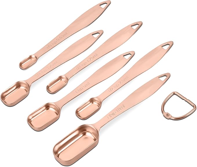 6-Piece 18/8 Stainless Steel Measuring Spoons Set, Rose Gold | Six Engraved US and Metric Sizes From 1/8 TSP to 1 Tbsp Fit Narrow Spice Jars and Stay Together On an O-shaped Ring