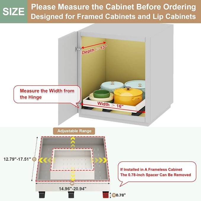 Fokyfok Pull out Cabinet Organizer,16"-21"W,13"-17"D,Expandable,Adhesive | No Drill,3 Rails,Roll out Drawers,Adjustable Slide out Shelves for Kitchen,Pantry,Framed and Framless Cabinets,White,1PC