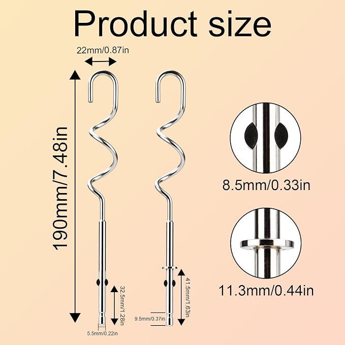 2pcs 990143000 Mixer Dough Hook for Hamilton, Stainless Steel Hand Mixer Replacement Beaters Attachments Dough Hook Accessories Compatible with Hamilton Beach 62630R 62632R 62633R