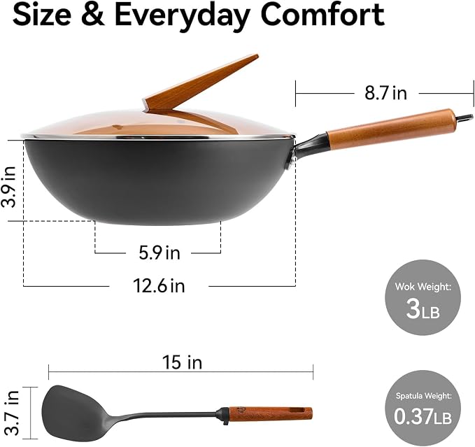 WANGYUANJI 12.6" Carbon Steel Wok with Lid, Flat Bottom Wok Pan for Induction and Gas Stoves, Heavy Duty Unseasoned Asian Stir Fry Pan with Detachable Wooden Handle