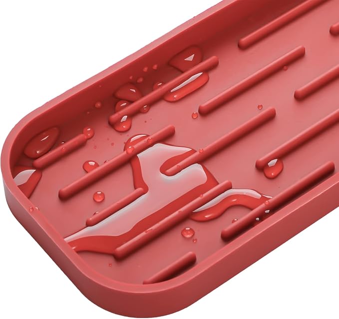 MicoYang Silicone Kitchen Sink Organizer Tray for Multiple Usage,Eco-Friendly Sponges Holder for Kitchen Bathroom Counter or Sink,Dish Soap Dispenser,Scrubber,Bottle,Cup (Red, 12"×4")