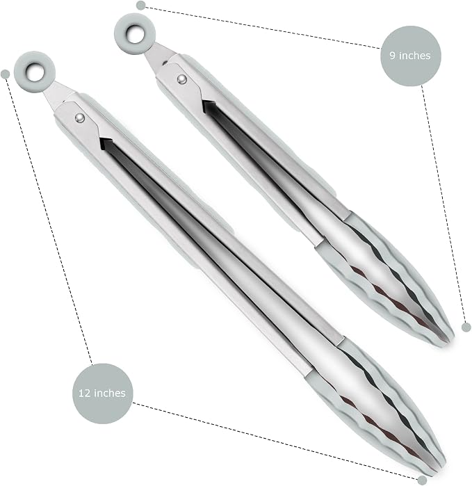 2 Pack Silicone Kitchen Tongs – 9" & 12" Set, Heat Resistant up to 500°F, Non‑Stick Cookware Safe, Wavy Silicone Tips, BPA Free, Locking Clip & Hanging Loop, Warm Grey