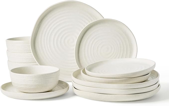 Famiware Pluto 12-Piece Stoneware Dinnerware Set, Matte Beige White | Double Reactive Glaze Plates and Bowls, Service for 4, Dishware Sets for Everyday & Formal Dining, Irregular Edge Dishes