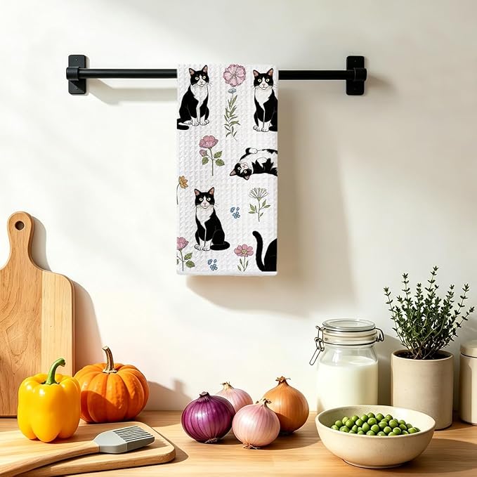 Jztco Cat Kitchen Towels, Floral Cats Gifts Reusable Hand Towels | Cat Lover Gifts for Women Mom, Microfiber Dish Cloths for Drying Dishes, Waffle Dish Towels for Kitchen Home Bathroom Decor