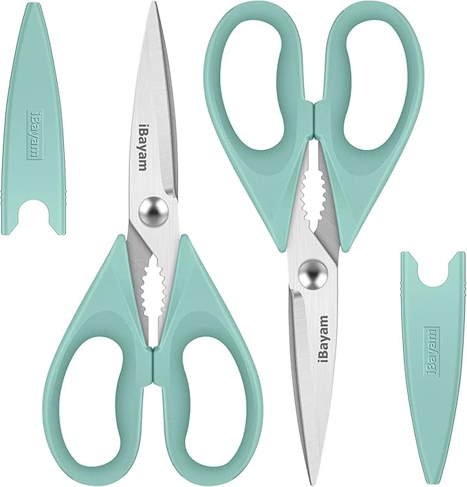 iBayam Kitchen Scissors, Set Of 2, Aqua Sky, Black Kitchen Utensils Set | for New Home Essentials, 2-Pack Protective Sheath, Dishwasher Safe, Stainless Steel Scissors, Built-In Bottle Opener