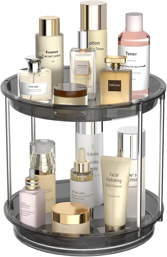 Rotating Makeup Organizer, Perfume Skincare Holder, 2 Tier 9 Inch, Gray | 360° Smooth Spinning Vanity Tray, Large Capacity, Space-Saving Cosmetics Storage for Bathroom Countertop, Dresser