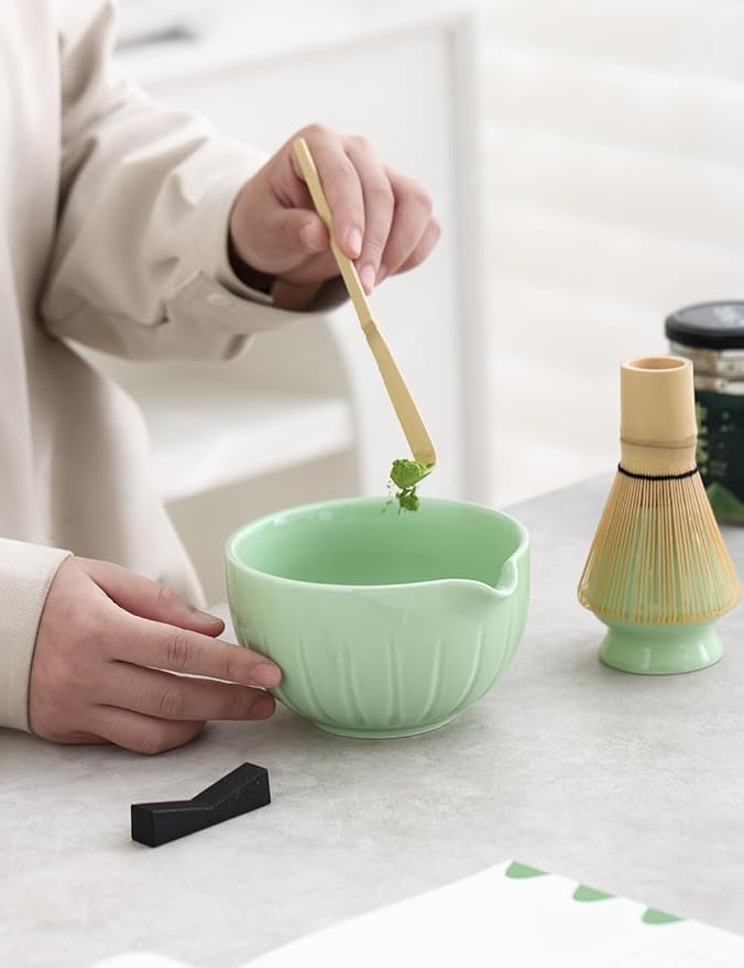 TANG PIN Matcha Set - Match Bowl and Whisk, 15 OZ Matcha Whisk Set | Matcha Scoop | Matcha Whisk Stand (Chasen Holder) - 5pc Perfect Matcha Kit for Matcha Tea Ceremony (Green)