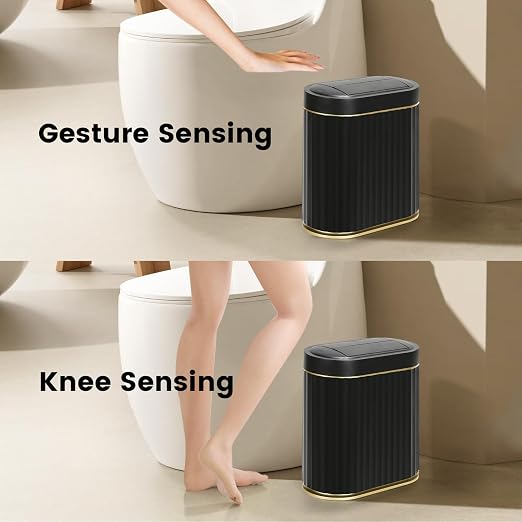 ELPHECO Motion Sensor Bathroom Trash Can with Lid 2 Gal Automatic Trash Can | Butterfly Lid, Room Decor Bathroom Accessories, Motion Sensor Wastebasket Garbage Can, Kitchen Living Room Office, Black Gold