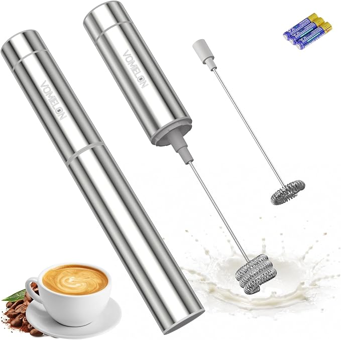 Milk Frother Handheld, Battery Operated Travel Coffee Frother Milk Foamer Drink Mixer with 2 Stainless Steel Whisks for Hot Chocolate, Batteries Included, Silver