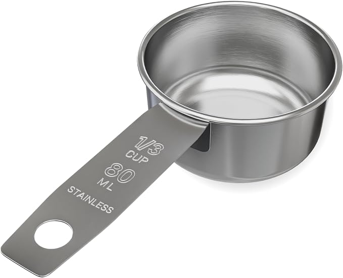1/3 Cup Stainless Steel Measuring Cup | Sturdy Metal 80 ml | 80 cc | 3 oz | Single Cup for Wet and Dry Ingredients | Great for use as 1/3 Cup Dog Food Scoop - 1 PK