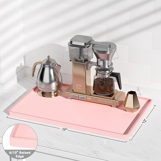 Rnivvi Silicone Coffee Mat, 12" x 19" Waterproof Raised Edge Coffee Bar Mats for Espresso Machine Station Accessories, Heat Resistant Dish Drying Pad for Kitchen Counter, Rubber Bar Decor Pad, Pink