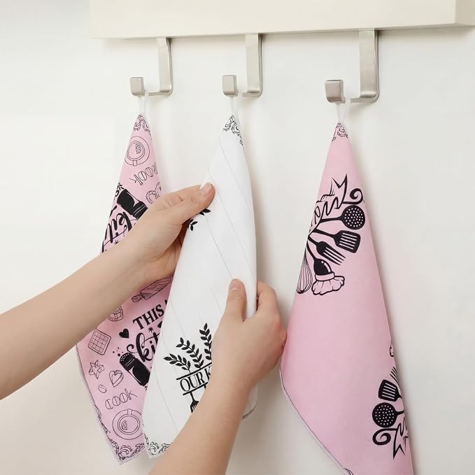 4 Pcs Funny Pink Kitchen Towels Absorbent Hand Tea Dishcloths | This Kitchen Is Seasoned with Love Decorative Dish Towels with Hanging Loop for Home Housewarming Gift Decor Accessories