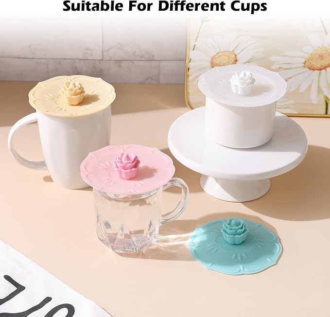 Rose Silicone Cup Covers (Set of 4), Multicolored Silicone Lids | Mug Covers for Mugs, Cups, Tea Pots,Flexible Mug Covers，Hot Cup Lids for Coffee & Tea
