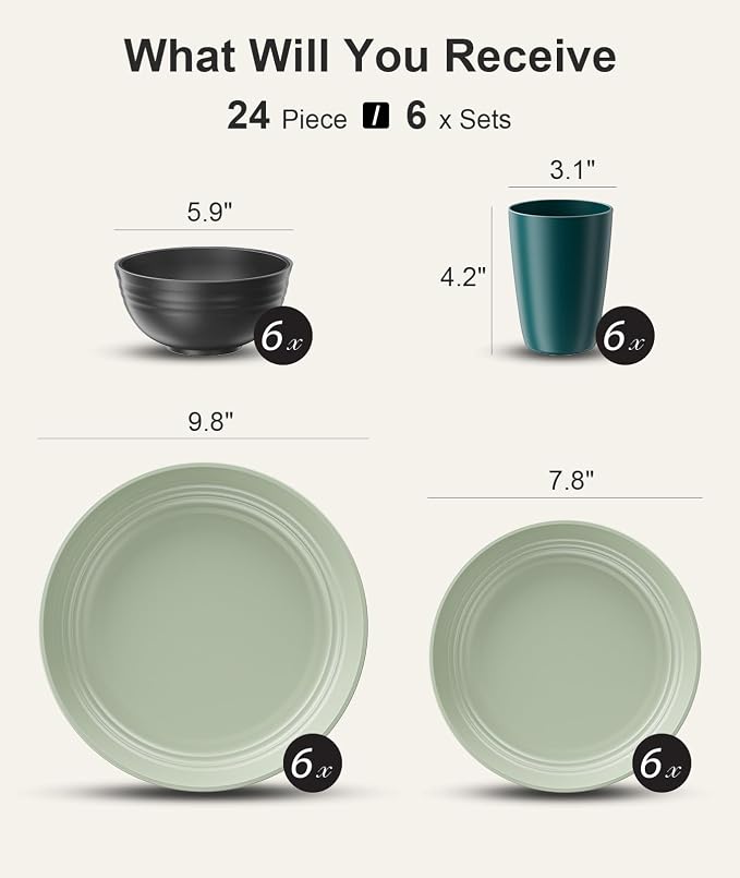 Quatish 24 Pcs Unbreakable Plates and Bowls, Plastic Dinnerware Sets for 6, Reusable Dish Set for Camping, Dishwasher Microwave Safe, Outdoor Kitchen and Apartment Dinning RV Essentials, Green