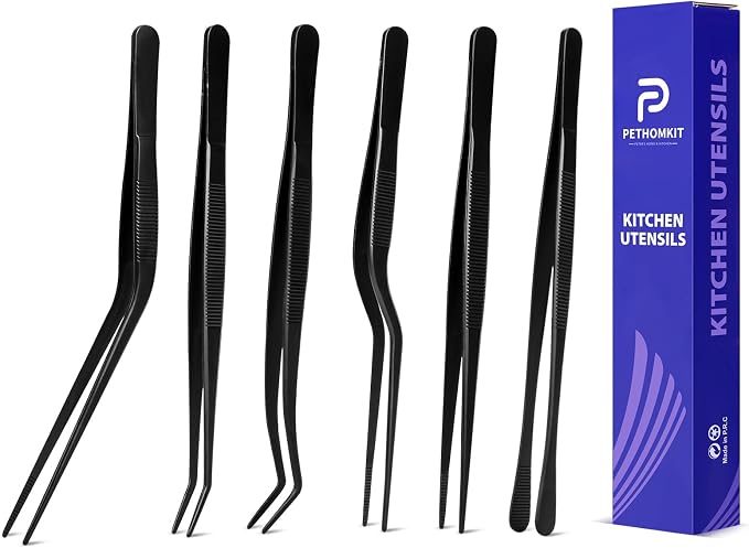 Kitchen Tweezer Tongs Set for Chef Food Plating,6 Pcs,6.3", Black | Stainless Steel, Offset Small Thin Skinny Bar Cooking Culinary Garnish Bartender Tweezer Tongs Set, For bartending garnishing