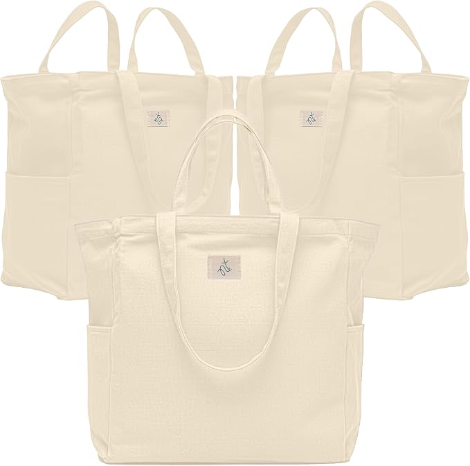 Nook Theory 3-Pack Reusable Grocery Bags - Heavy Duty, Large 12 Oz Cotton Canvas Reusable Shopping Bags With Pockets, 100% Cotton Cloth Grocery Totes, Foldable Multi Compartment (Cream)