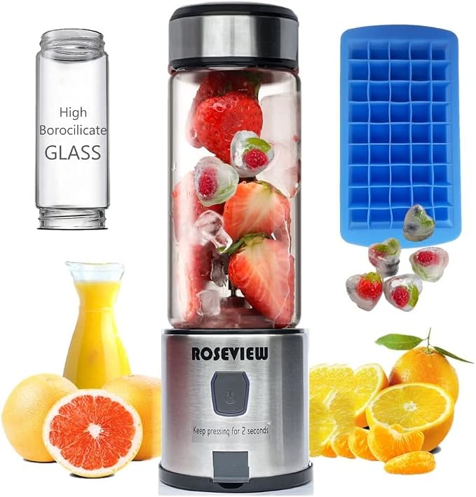 Portable Smoothie Blender ROSEVIEW Glass Cordless Mini Shakes Cup blend for smoothies USB rechargeable juicer 2 battery Handheld Personal travel Jet mixer (Black Steel) (BLKSteel)