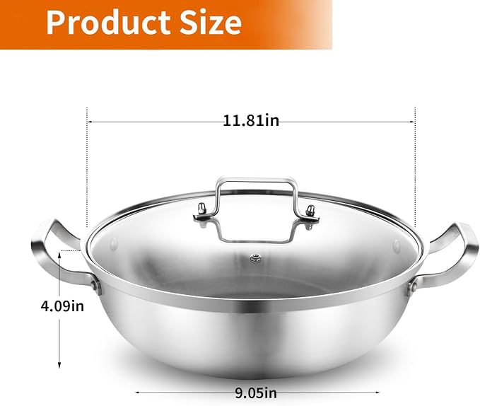 Delarlo Tri-Ply Stainless Steel 13 inch Everyday Pan with Glass Lid, Deep Saute Pan, High Side Kitchen Cooking Pot, Chef's Pans, Induction Deep Frying Pan, 5QT Stock Pot, Up to 550℉